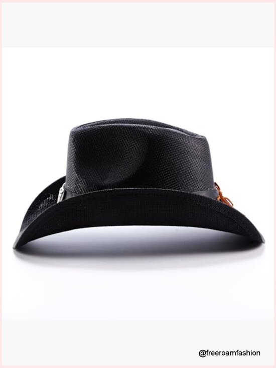 Straw Cowboy Hat with Rolled Brim & Bull Decoration Unisex main image 7